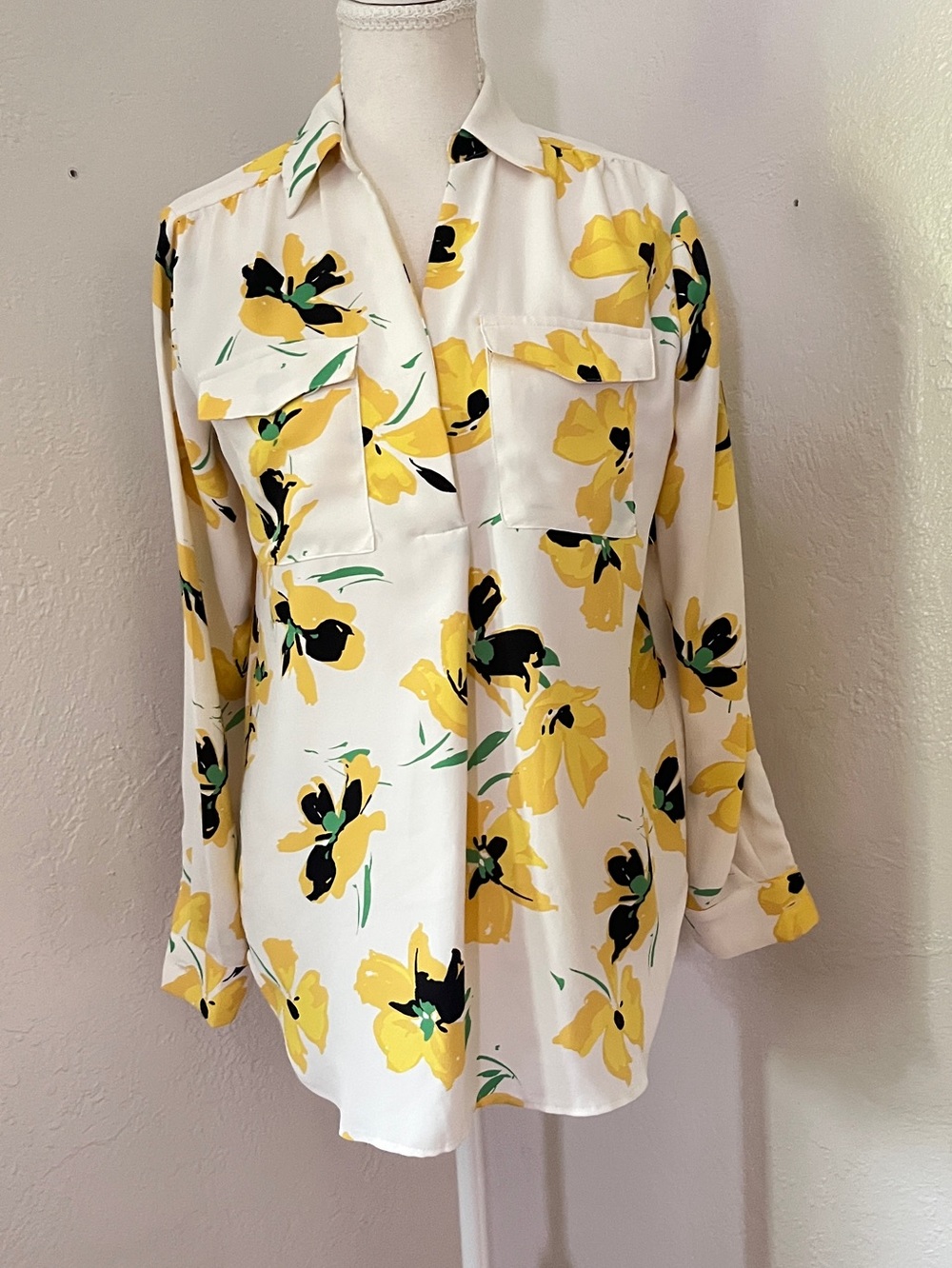 Ann Taylor White Blouse with Yellow and Black Floral Print